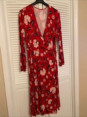Old Navy Red Floral Wrap-Style Long Sleeve Dress